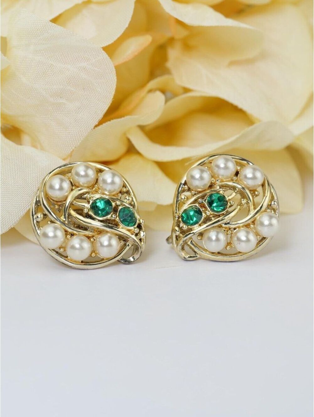 Vintage Coro Floral Clip On Earrings, Faux Pearl & Rhinestone